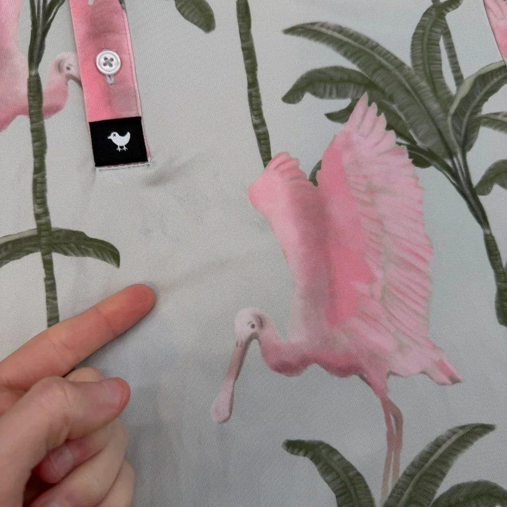 Bad Birdie Polo Shirt Mens Medium Pink Purple Bird Tropical Golf Performance